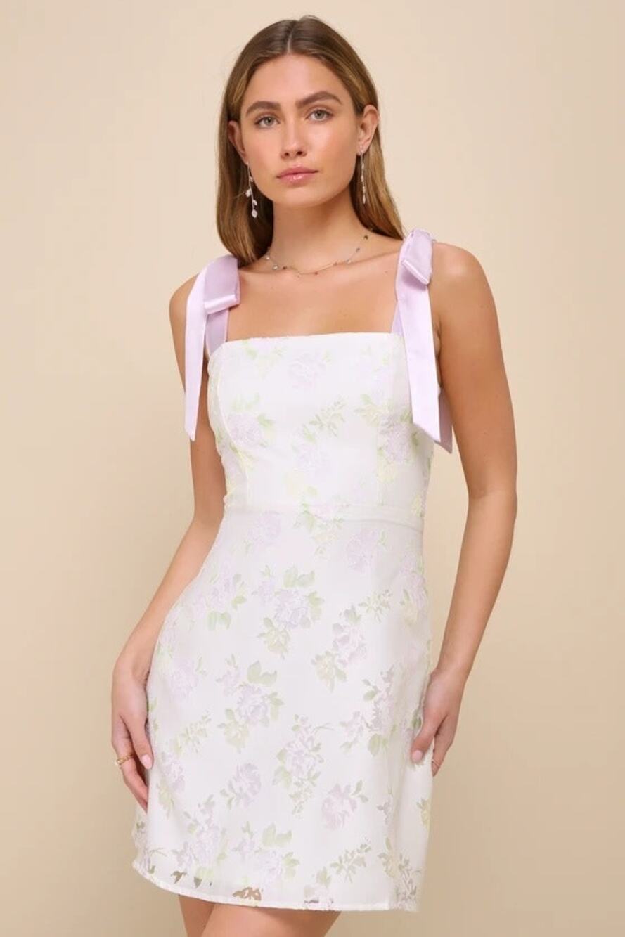 NWT Lulus Sweeten the Day Cream Floral Burnout Tie-Strap Mini Dress M
